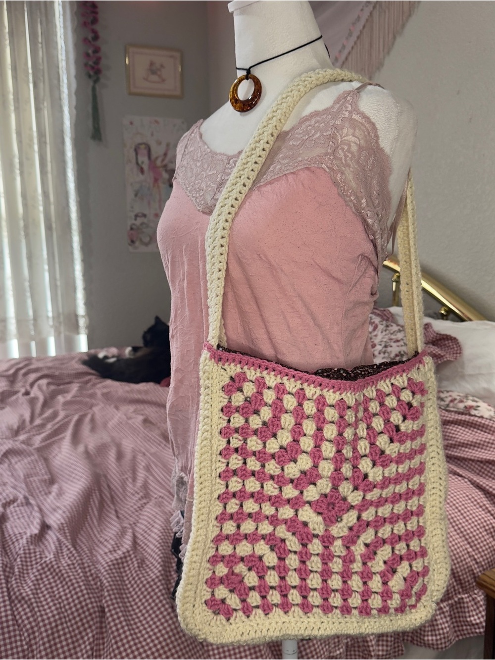 Cream and Pink Crochet Shoulder Bag - Handmade Boho Style - Picture 4 of 9